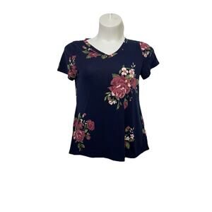 LuLaRoe Christy V-Neck Top Women’s Large Navy Blue Floral Short Sleeve Shirt